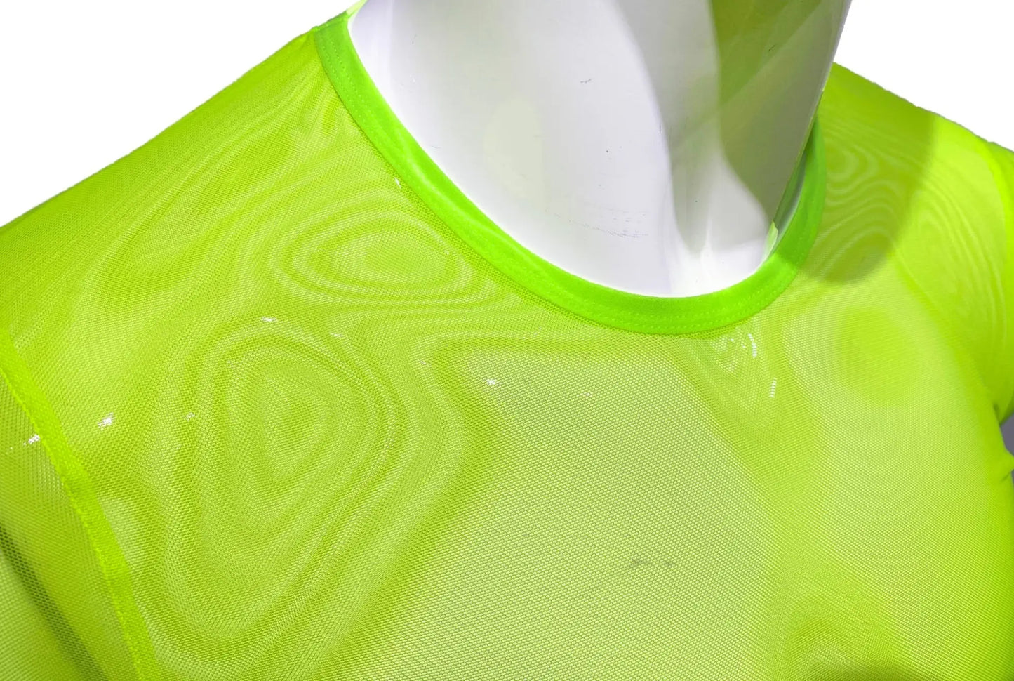 Neon green fine mesh tee with matching ribbed crew neck made of breathable athletic fabric for active wear
