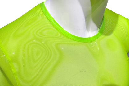 Neon green fine mesh tee with matching ribbed crew neck made of breathable athletic fabric for active wear