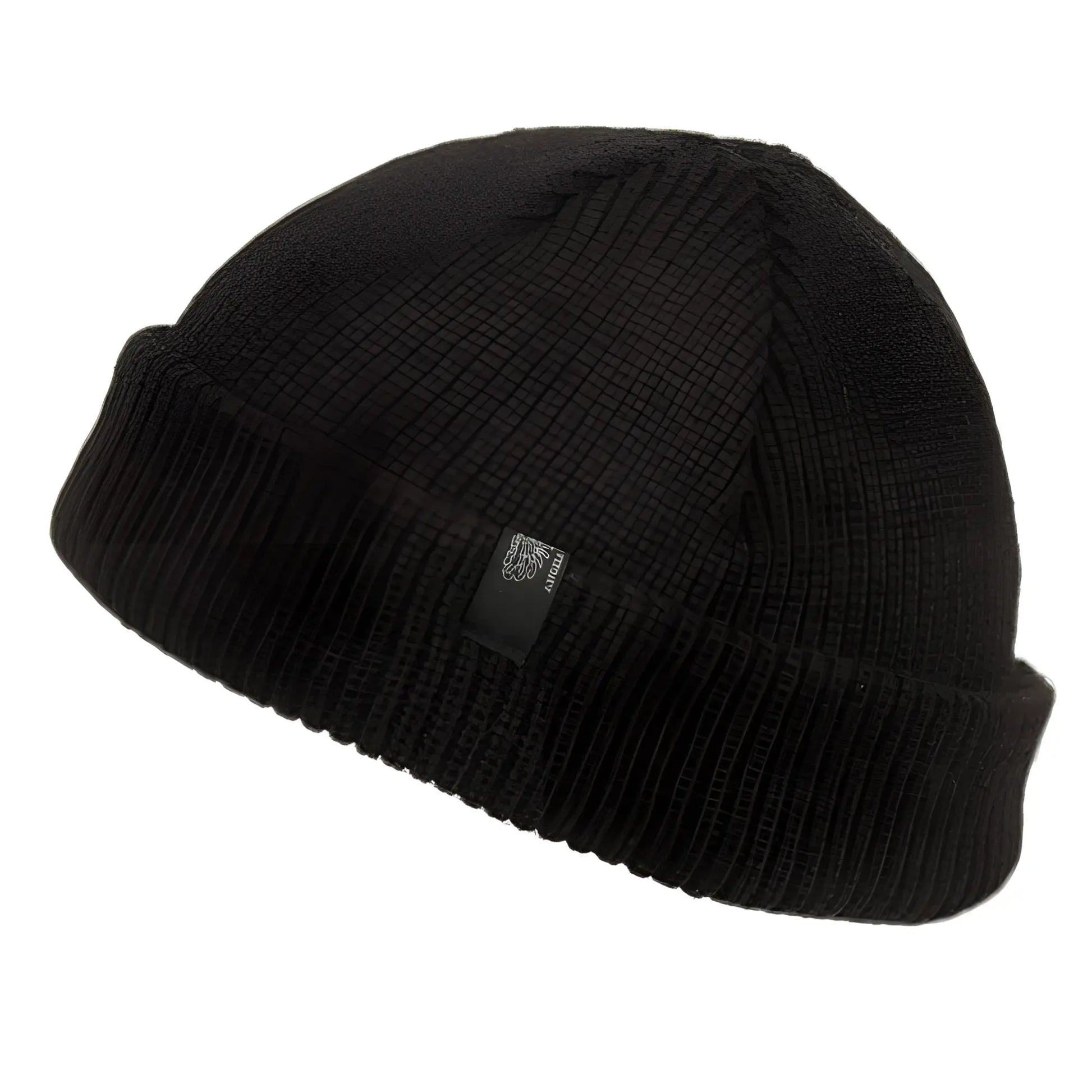Black ribbed knit fisherman dock knit cuff beanie with folded cuff and embroidered logo available in 4 colors