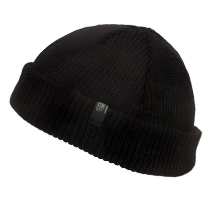 Black ribbed knit fisherman dock knit cuff beanie with folded cuff and embroidered logo available in 4 colors