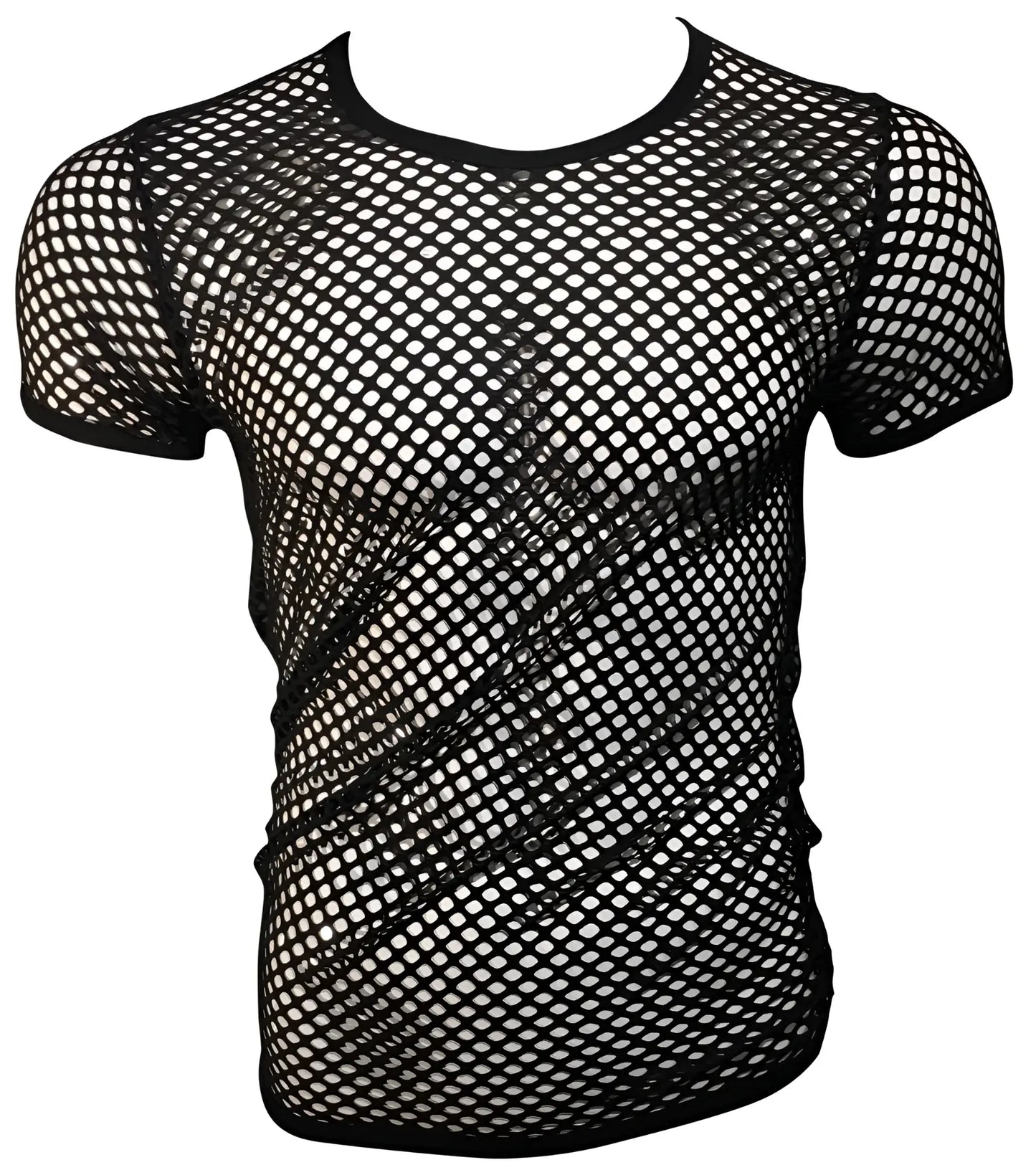 Black mesh fishnet tee with short sleeves and round neckline made of breathable fabric for casual wear