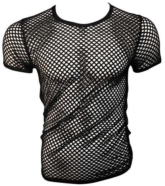 Black mesh fishnet tee with short sleeves and round neckline made of breathable fabric for casual wear