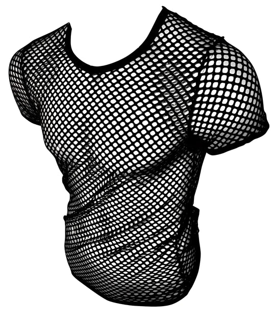 Black fishnet tee with short sleeves and round neckline made of mesh material for casual wear