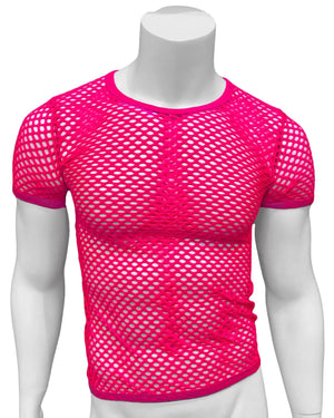 Bright pink fishnet tee with short sleeves and round neckline made of mesh material for a stylish breathable look