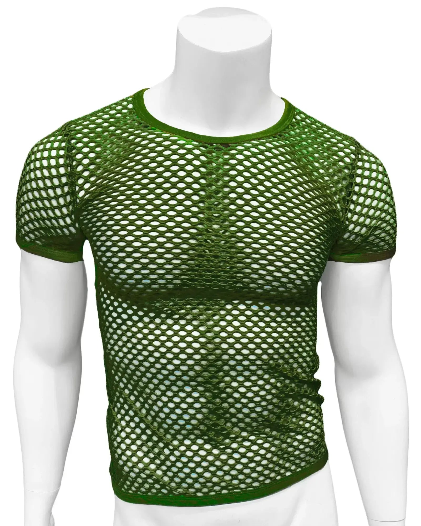 Green fishnet tee with short sleeves round neckline and solid green trim made of mesh fabric