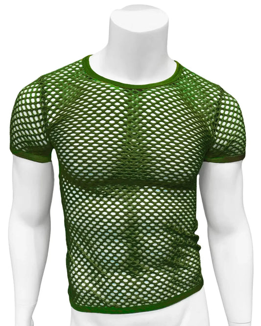 Green fishnet tee with short sleeves round neckline and solid green trim made of mesh fabric