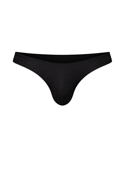 Black fizx full coverage men’s bikini thong made from smooth stretchy fabric with a contoured minimalist design