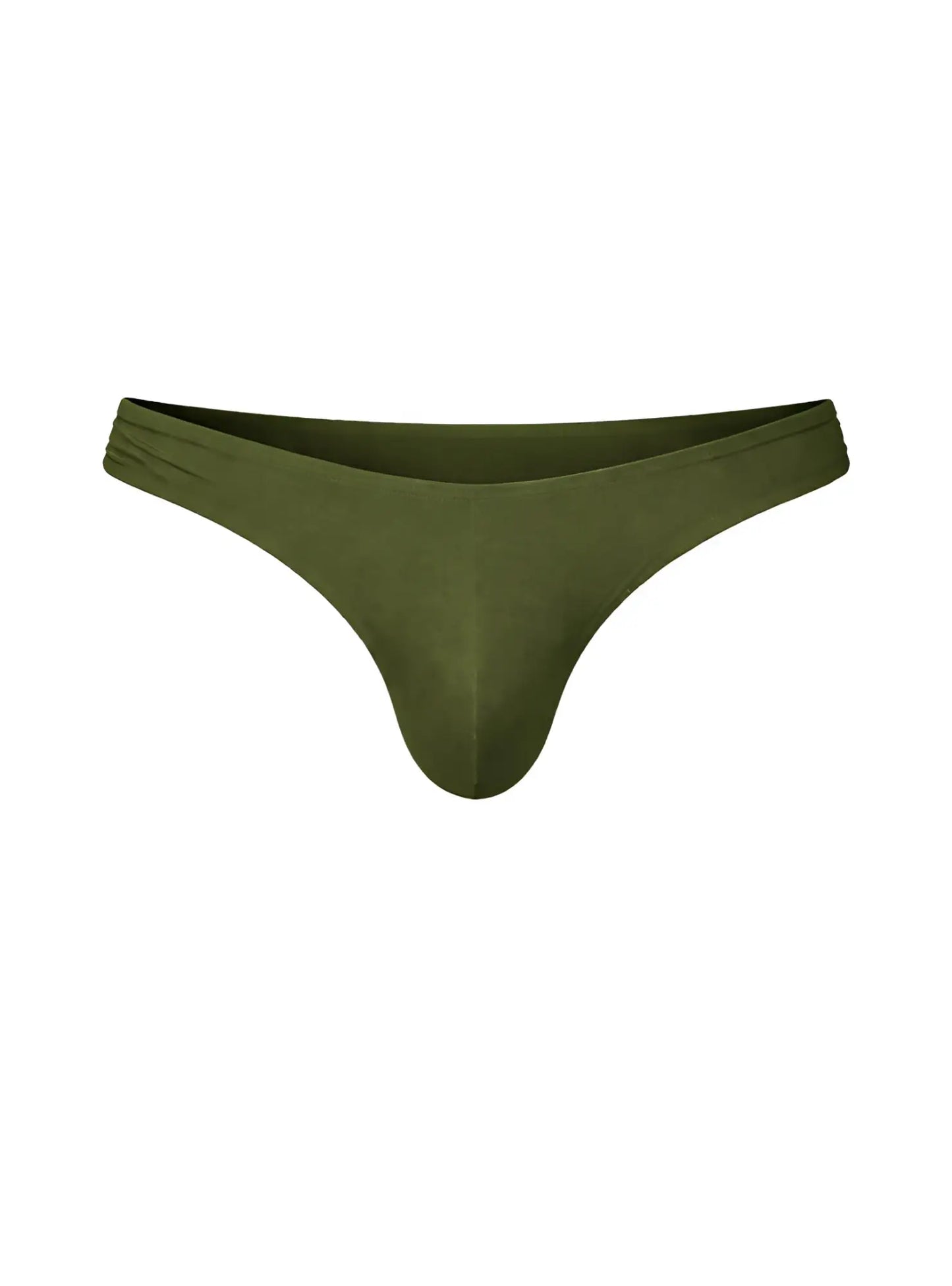 Olive green fizx full coverage men’s bikini thong made of smooth stretchy fabric with a gathered waistband back view