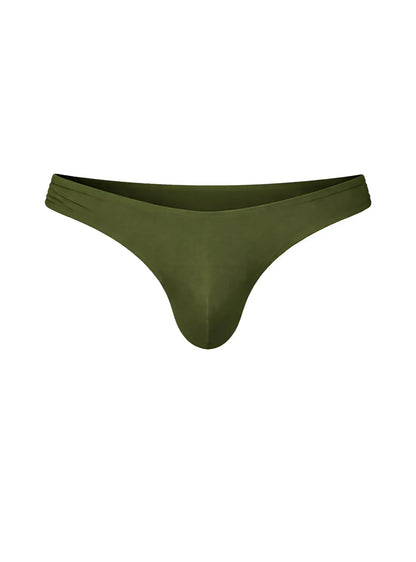 Olive green fizx full coverage men’s bikini thong made of smooth stretchy fabric with a gathered waistband back view