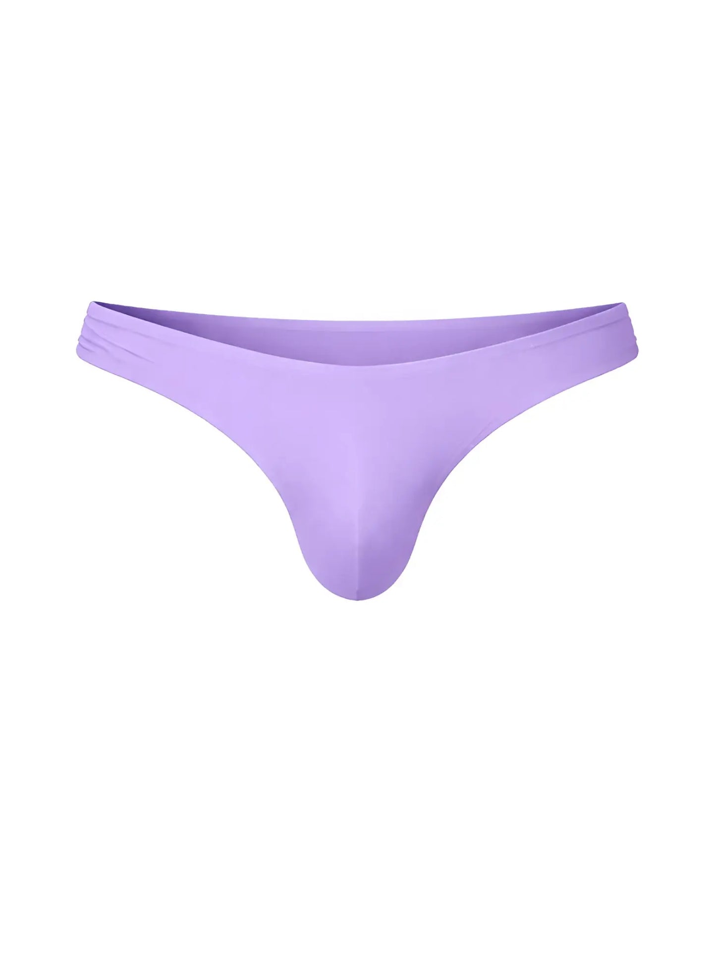 A sleek solid lavender fizx full coverage men’s bikini thong made of smooth stretchy fabric shown from the back