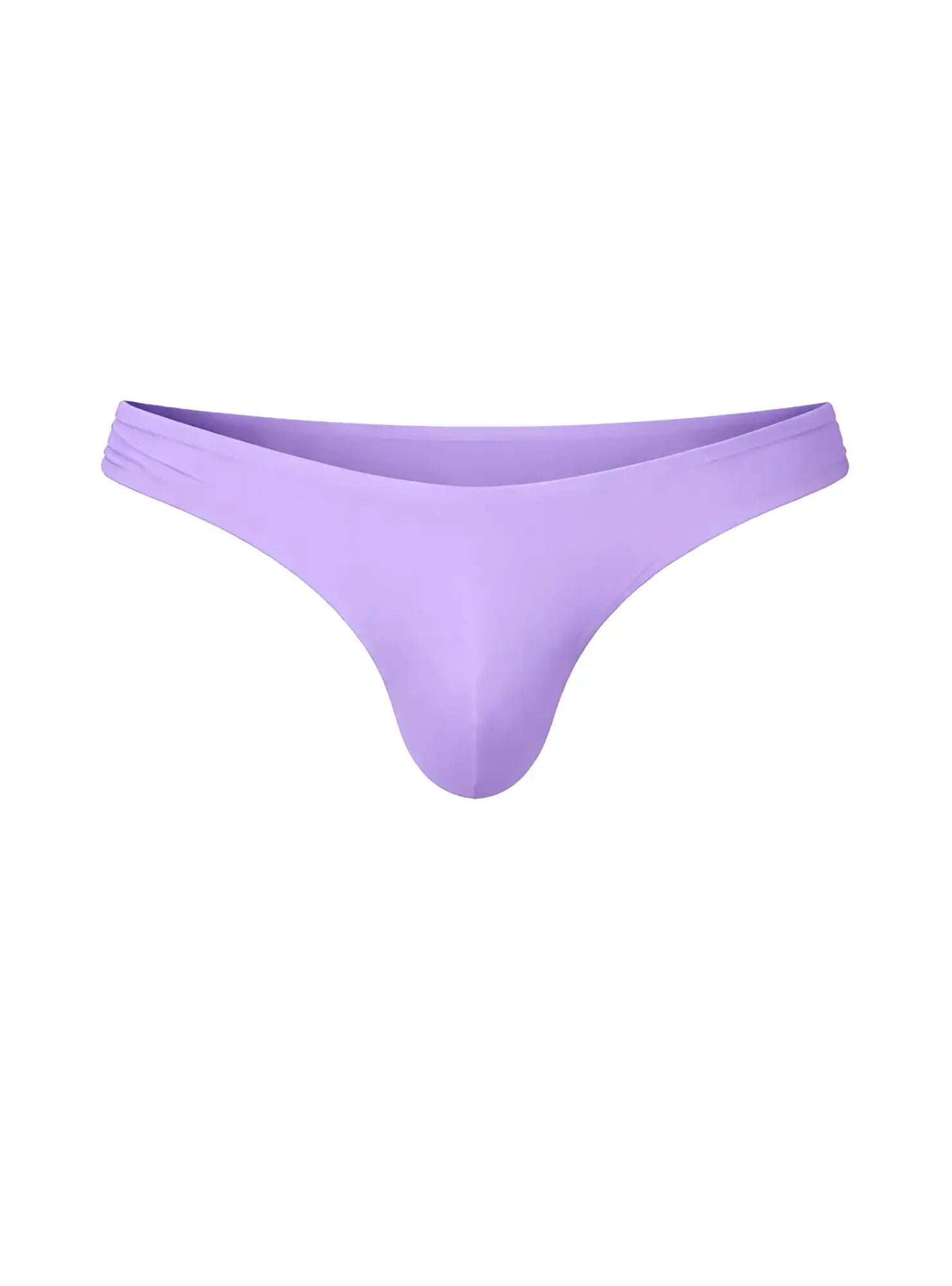 A sleek solid lavender fizx full coverage men’s bikini thong made of smooth stretchy fabric shown from the back