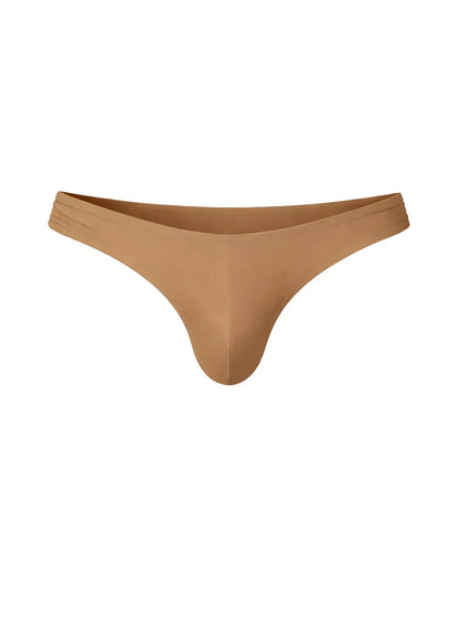 Tan seamless thong made of smooth stretchy fabric showing back view in fizx full coverage men’s bikini