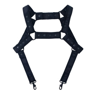 Black tactical-style fizx harness with adjustable straps and metal clasps for secure fit and durability