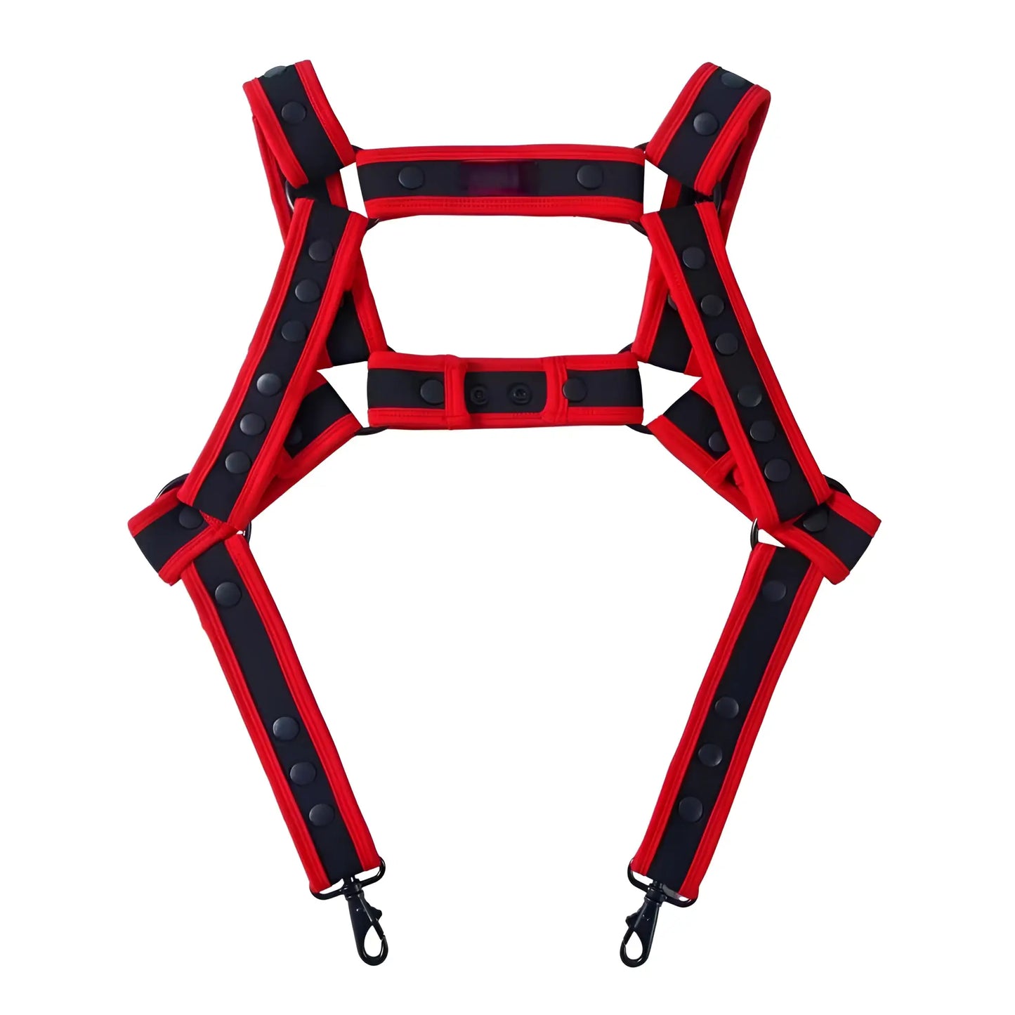 Red and black reflective Fizx harness with adjustable straps and metal hooks for safety and secure support