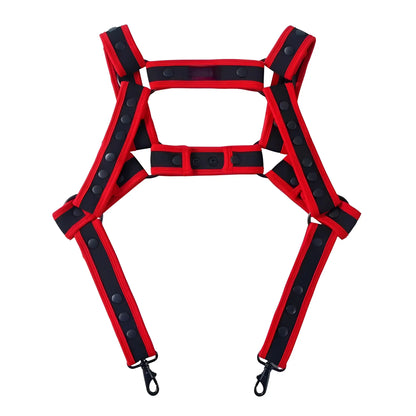 Red and black reflective Fizx harness with adjustable straps and metal hooks for safety and secure support