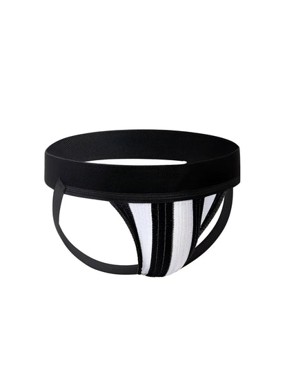 Fizx james knit jockstrap in black and white striped knit fabric with supportive contoured athletic design