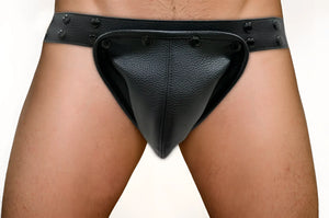 Black leather thong jockstrap with removable pouch textured surface and decorative rivets along waistband