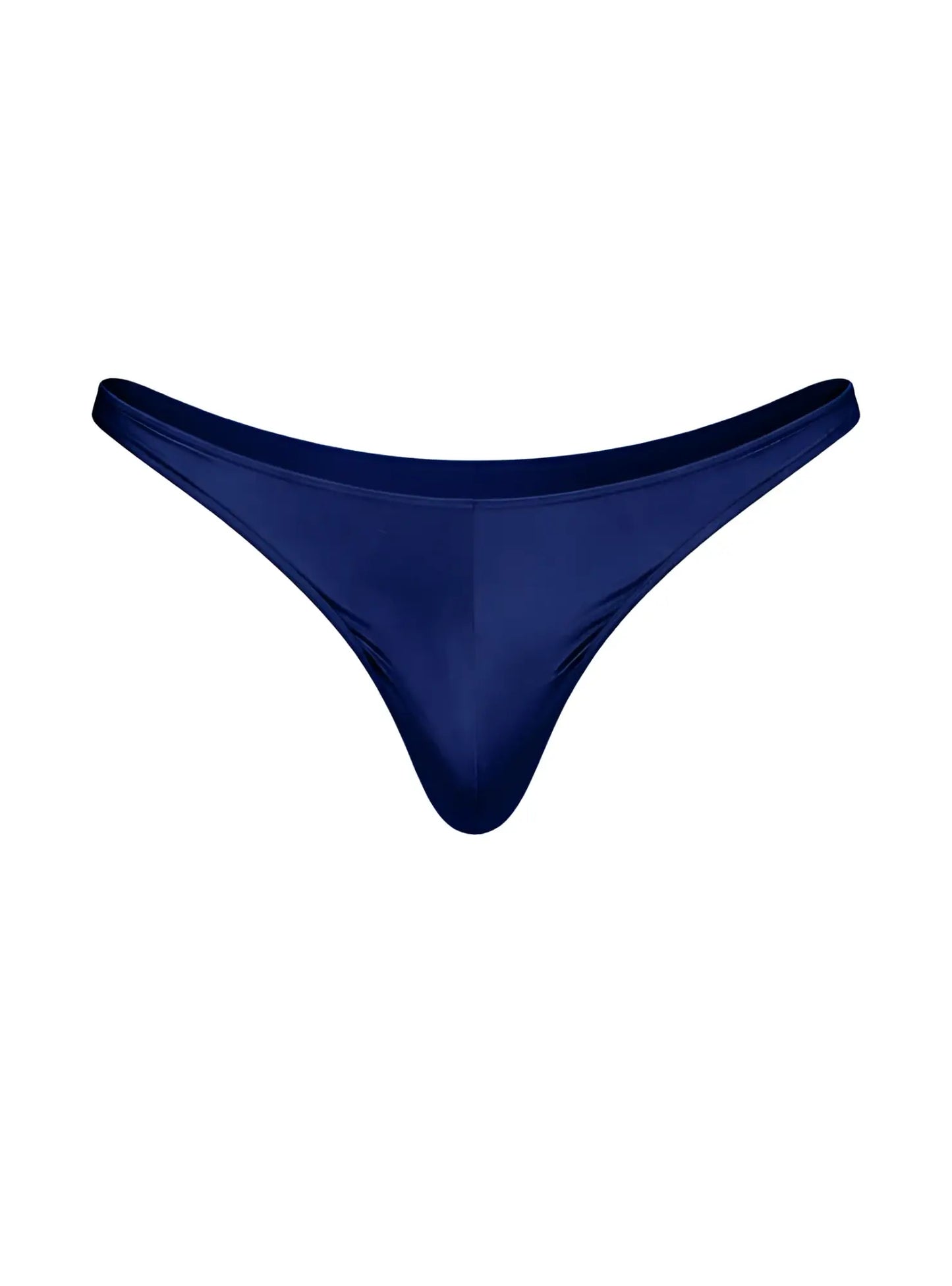Deep navy blue fizx rayon thong swim trunks with a sleek, satin-like finish and form-fitting design