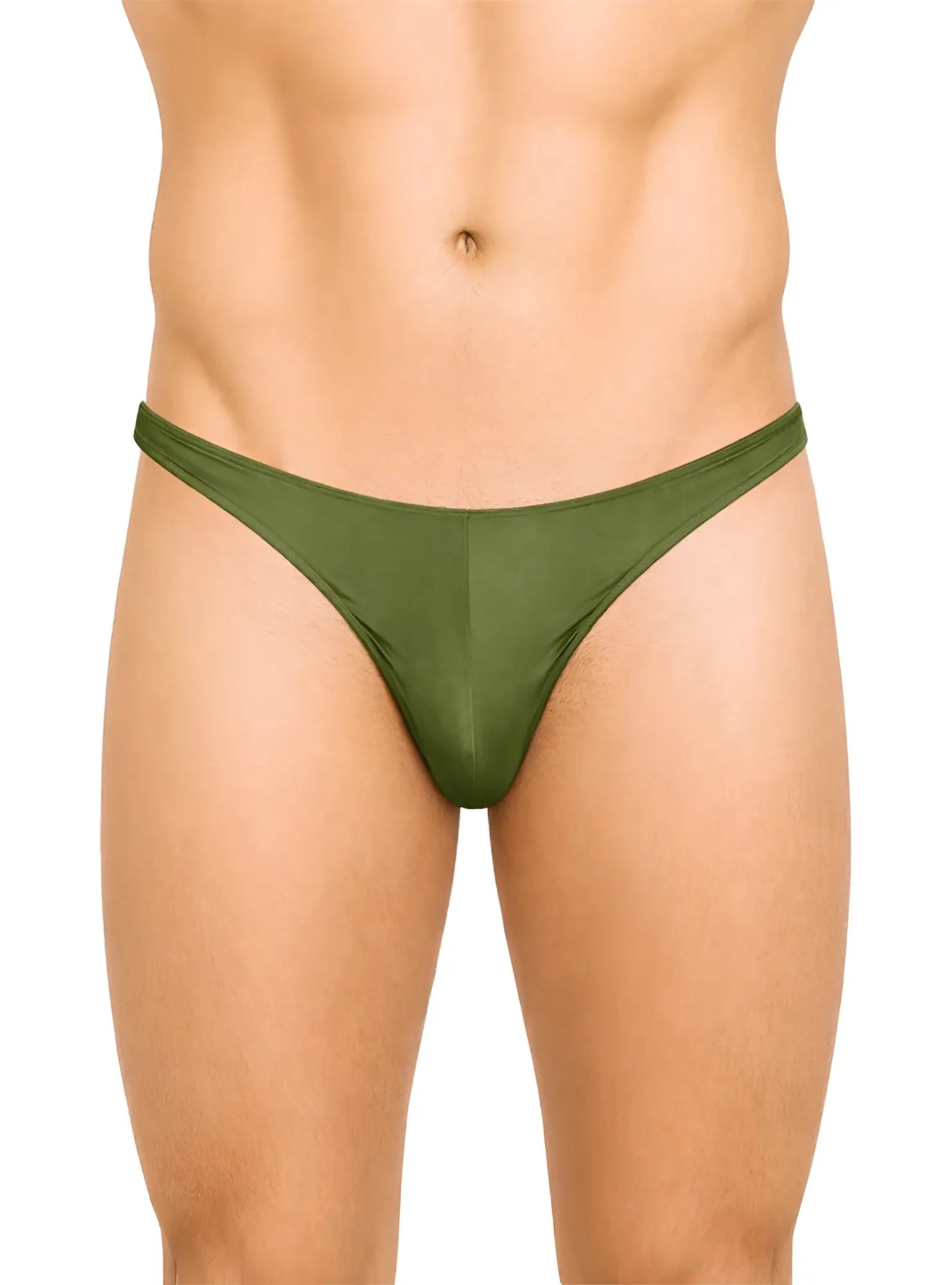 Olive green fizx rayon thong made of smooth stretchy fabric with sleek minimalist design shown from the back
