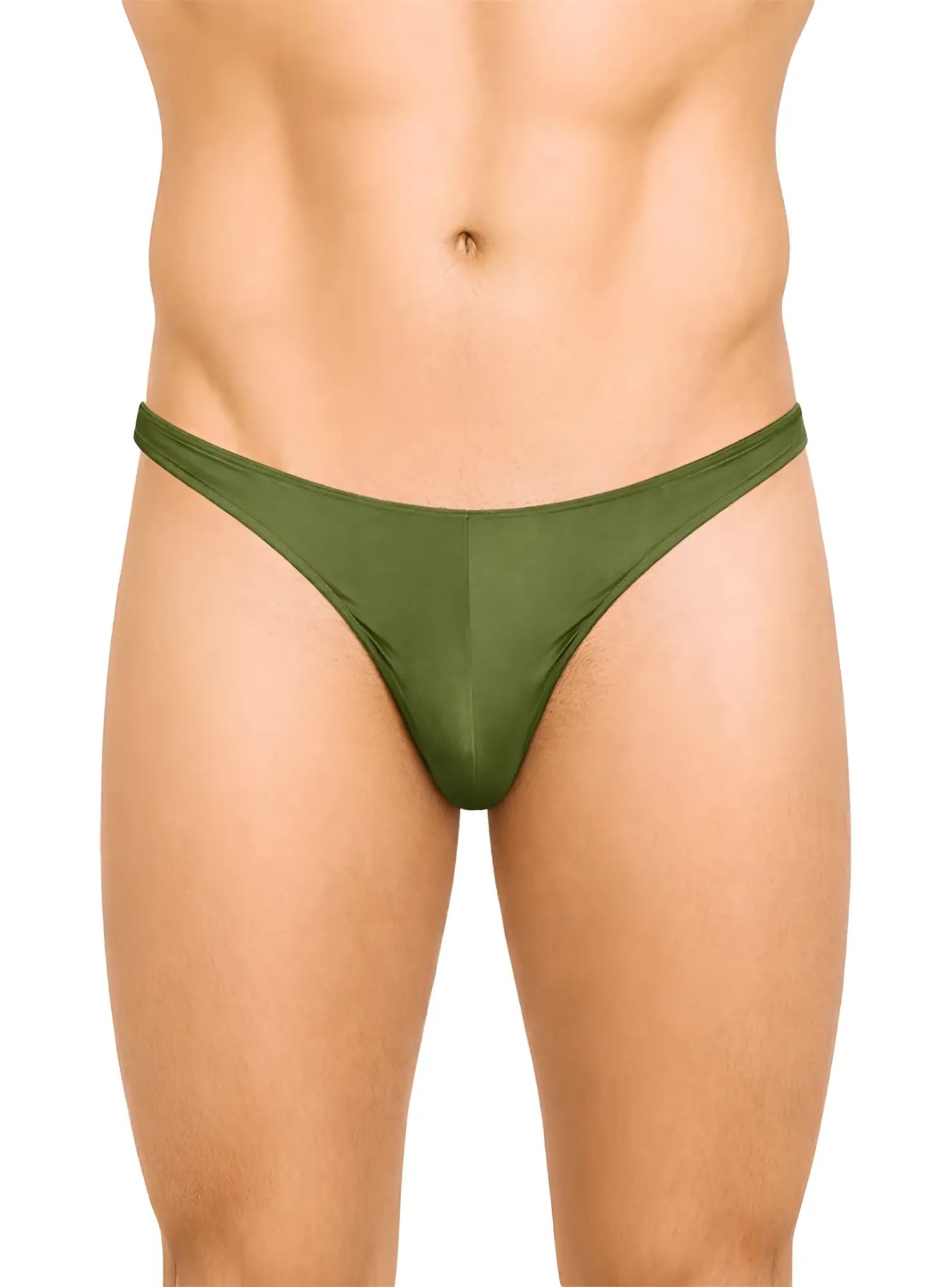 Olive green fizx rayon thong made of smooth stretchy fabric with sleek minimalist design shown from the back