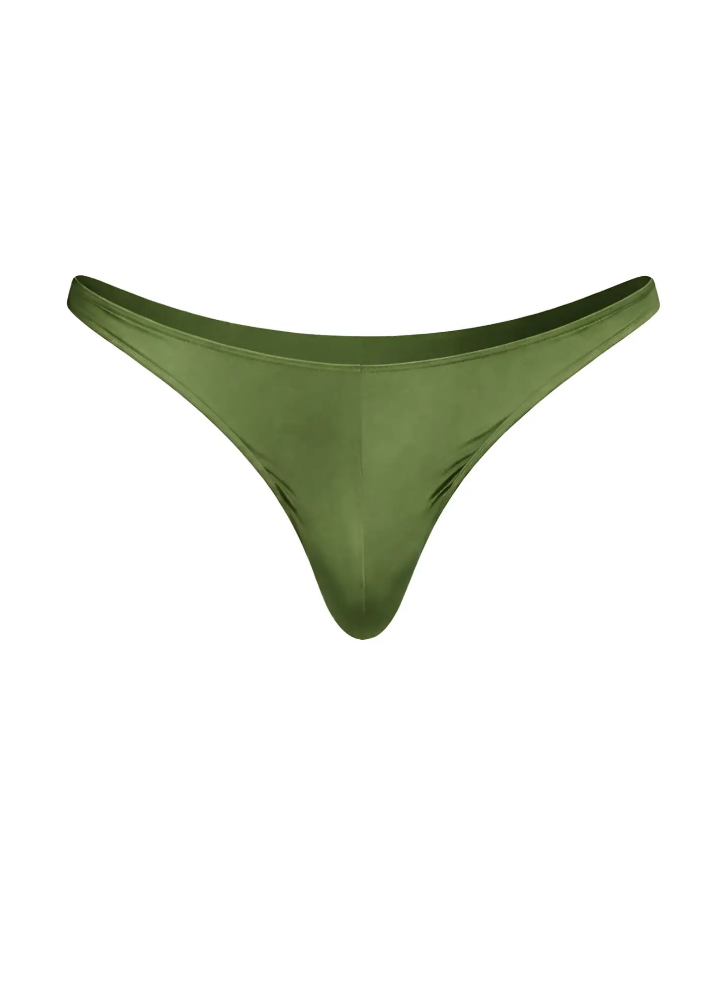 Olive green satin rayon thong with smooth glossy finish and minimalistic design by fizx shown from front