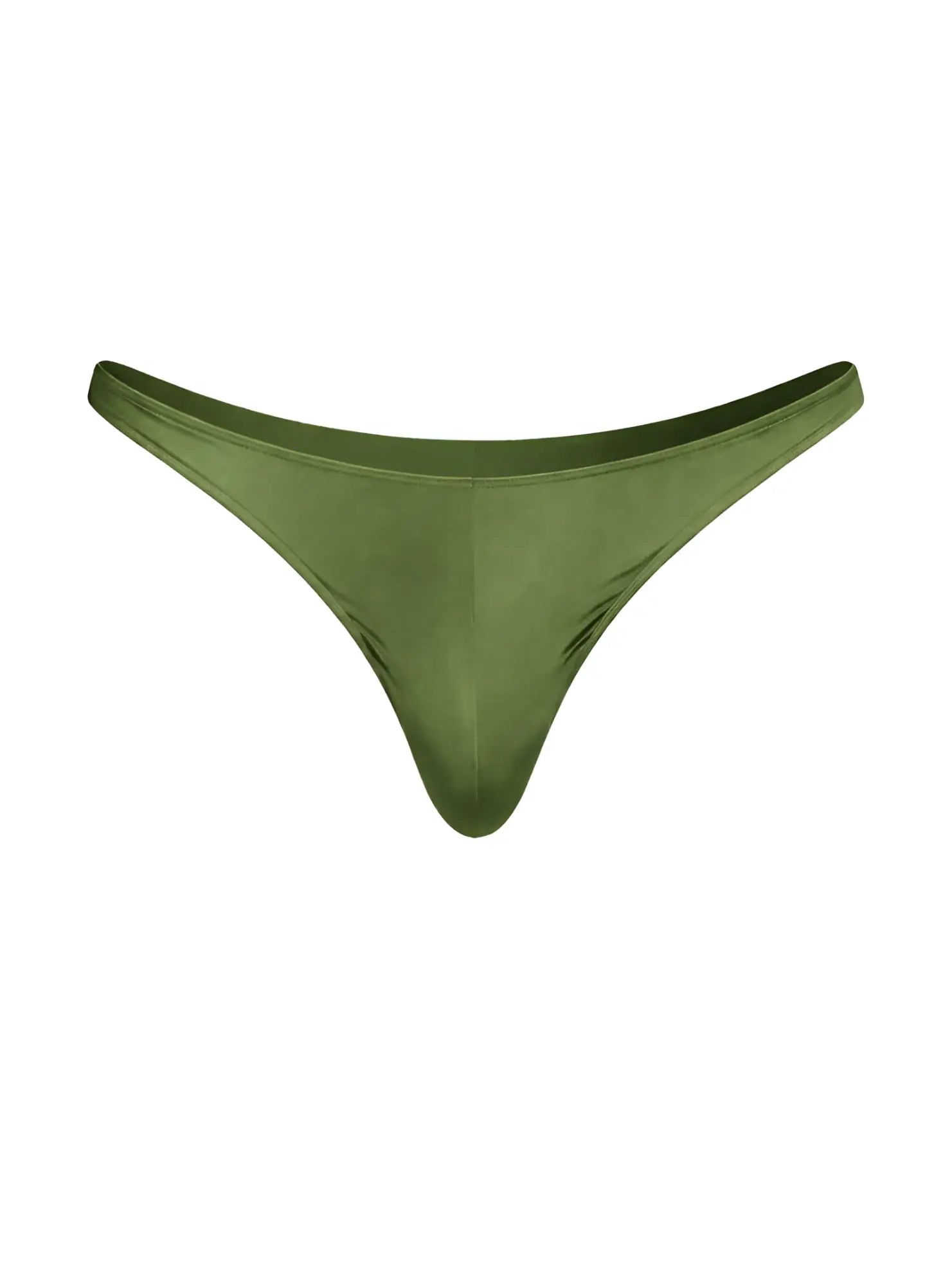 Olive green satin rayon thong with smooth glossy finish and minimalistic design by fizx shown from front