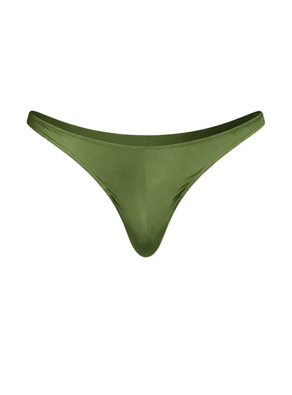 Olive green satin rayon thong with smooth glossy finish and minimalistic design by fizx shown from front