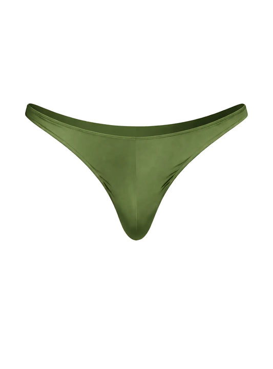 Olive green satin rayon thong with smooth glossy finish and minimalistic design by fizx shown from front
