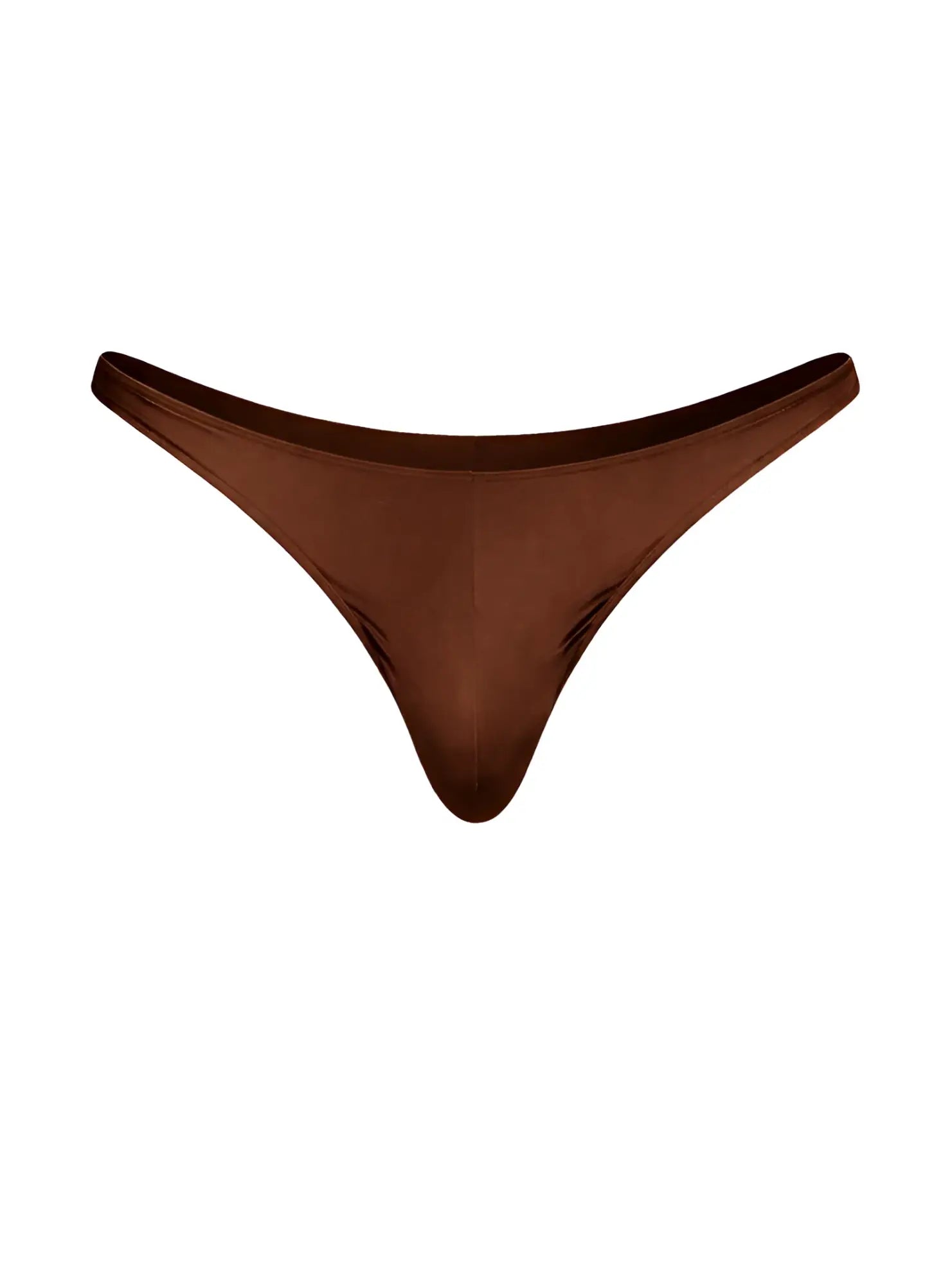 A sleek chocolate-brown satin Fizx Rayon thong with a smooth glossy finish and minimalistic design front view