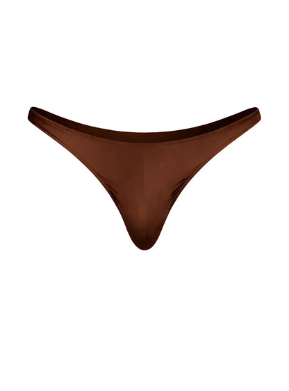 A sleek chocolate-brown satin Fizx Rayon thong with a smooth glossy finish and minimalistic design front view