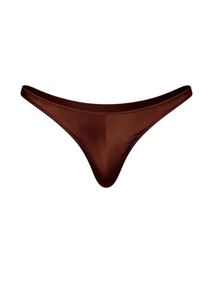 A sleek chocolate-brown satin Fizx Rayon thong with a smooth glossy finish and minimalistic design