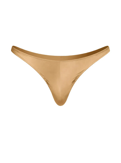 A sleek gold-colored Fizx rayon thong made of smooth shiny fabric with a minimalist design shown from the back