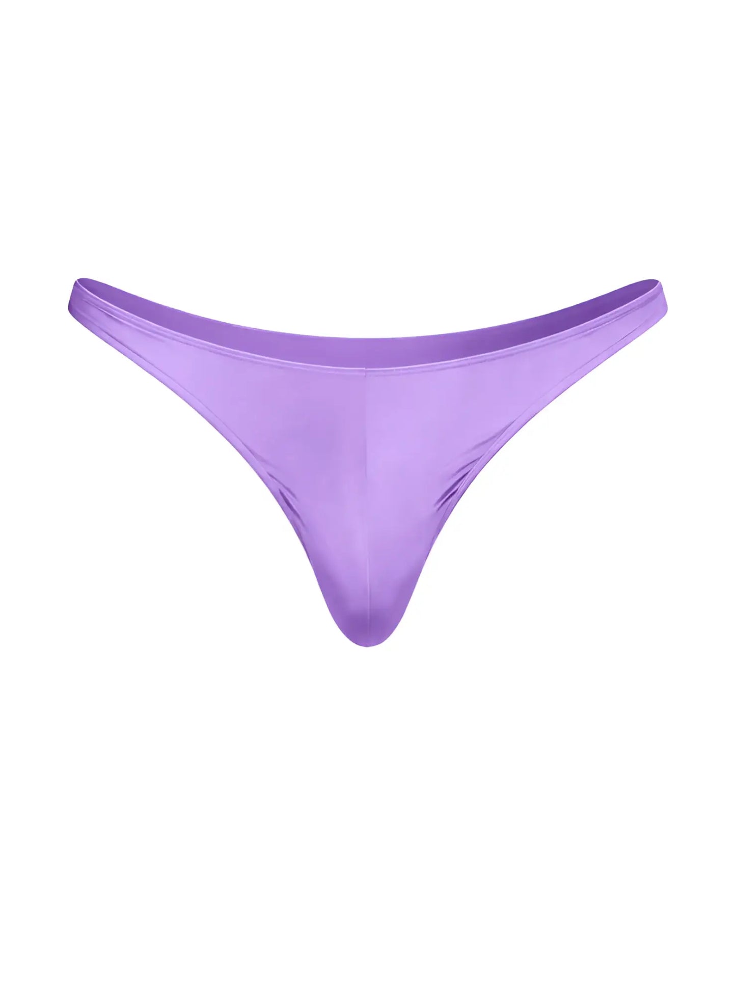 Fizx rayon thong in sleek solid lavender satin fabric with a minimalist design showing the front side