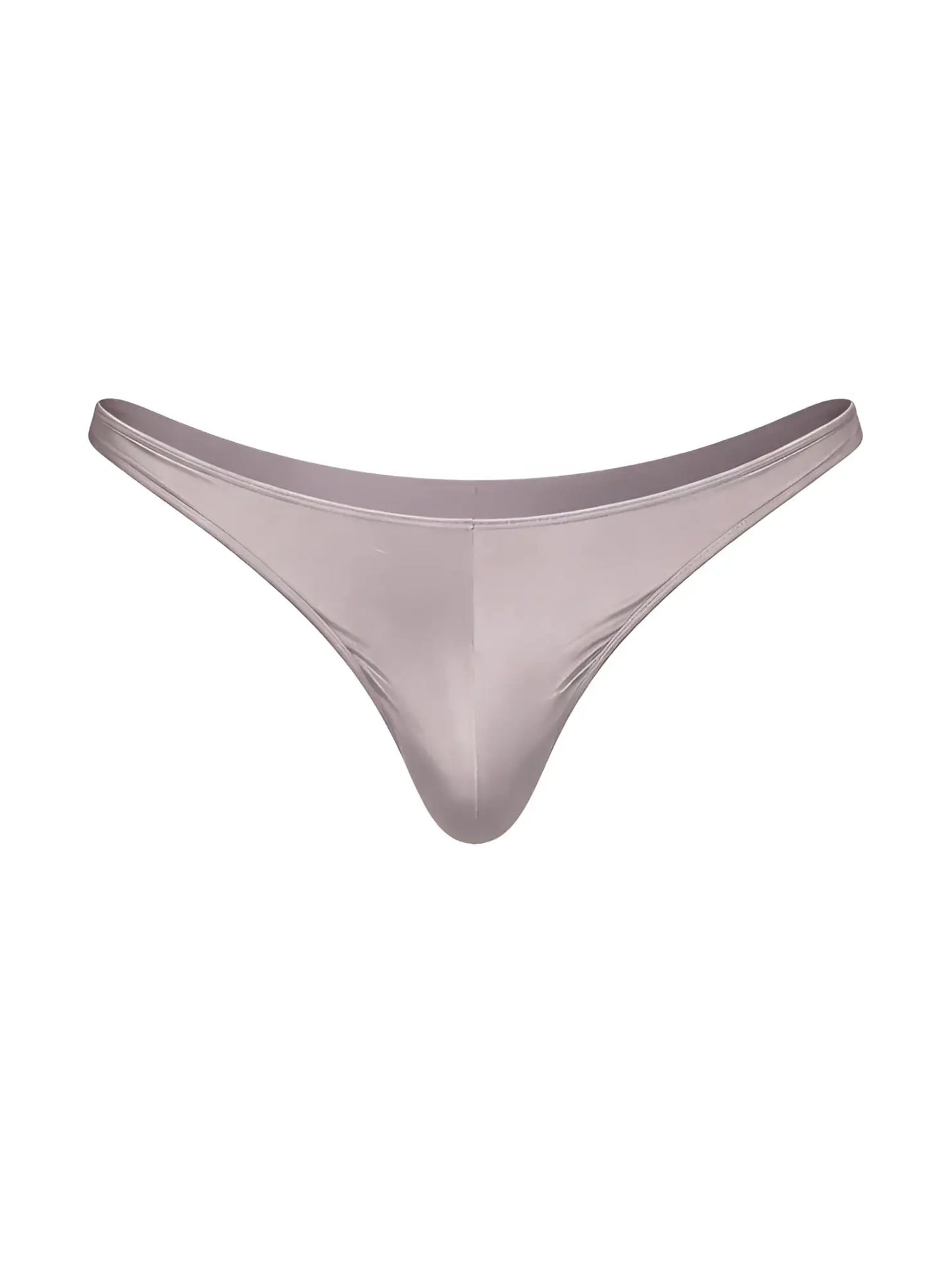 A sleek taupe fizx rayon thong made of smooth satin fabric with a minimalist design showing the back side
