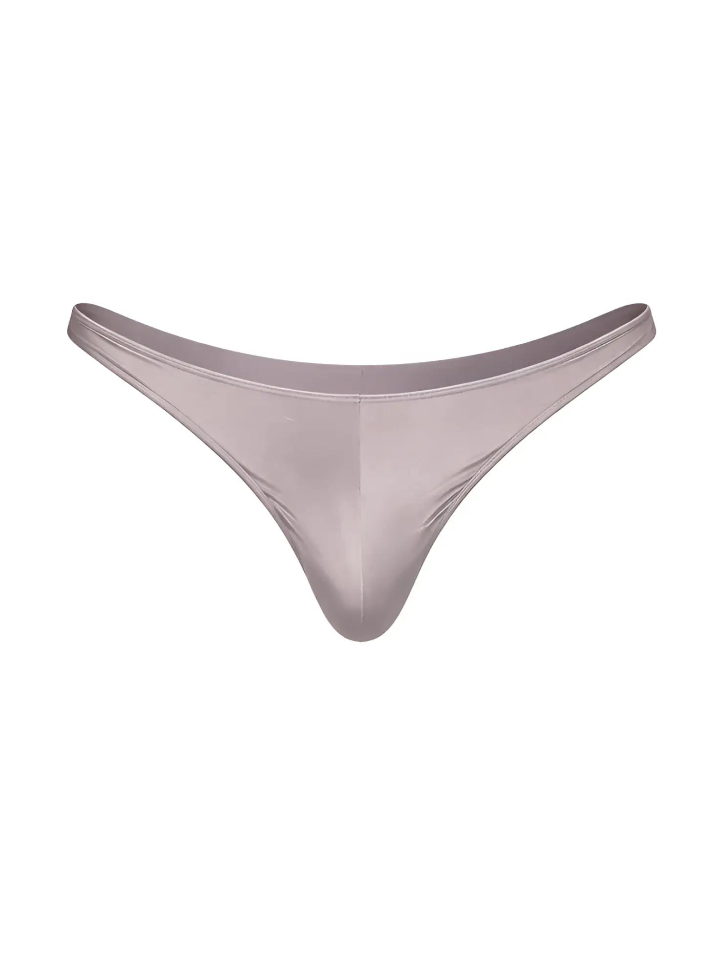A sleek taupe fizx rayon thong made of smooth satin fabric with a minimalist design showing the back side