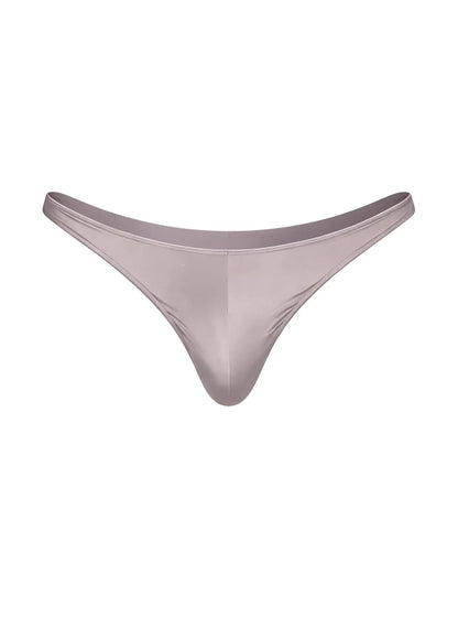 A sleek taupe fizx rayon thong made of smooth satin fabric with a minimalist design showing the back side