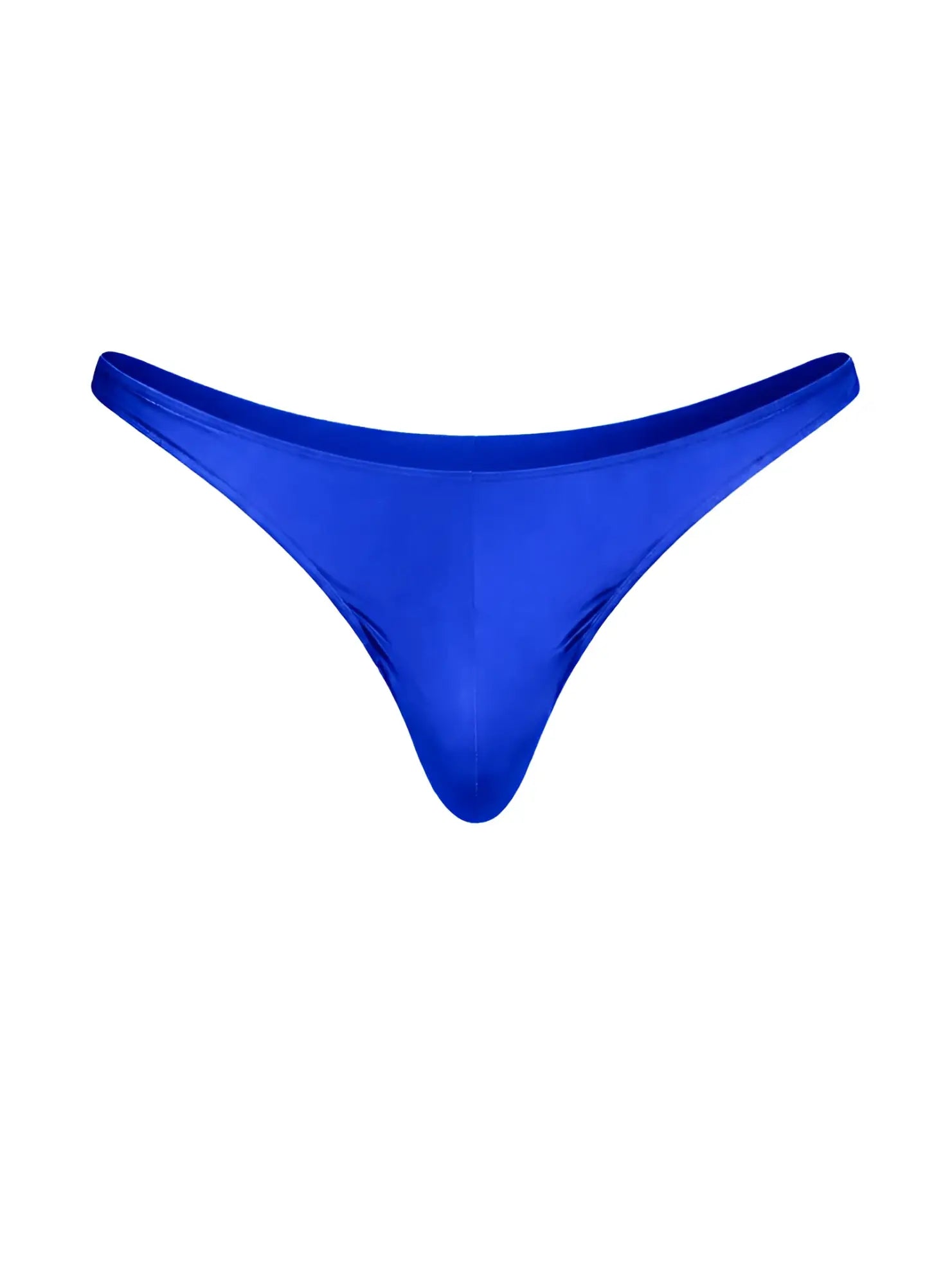 Vibrant royal blue fizx rayon thong with sleek shiny fabric and smooth form-fitting design shown from the back side
