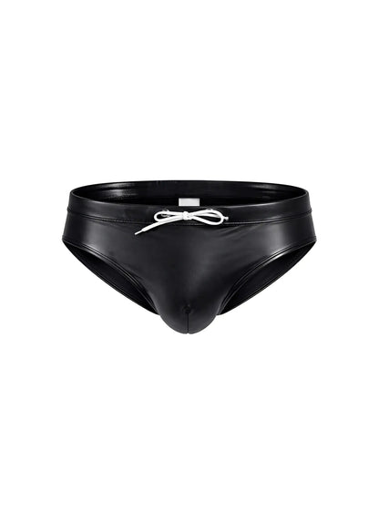 Black leather-like swim trunks with white drawstring bow at waist from fizx swim bikini with removable push pad