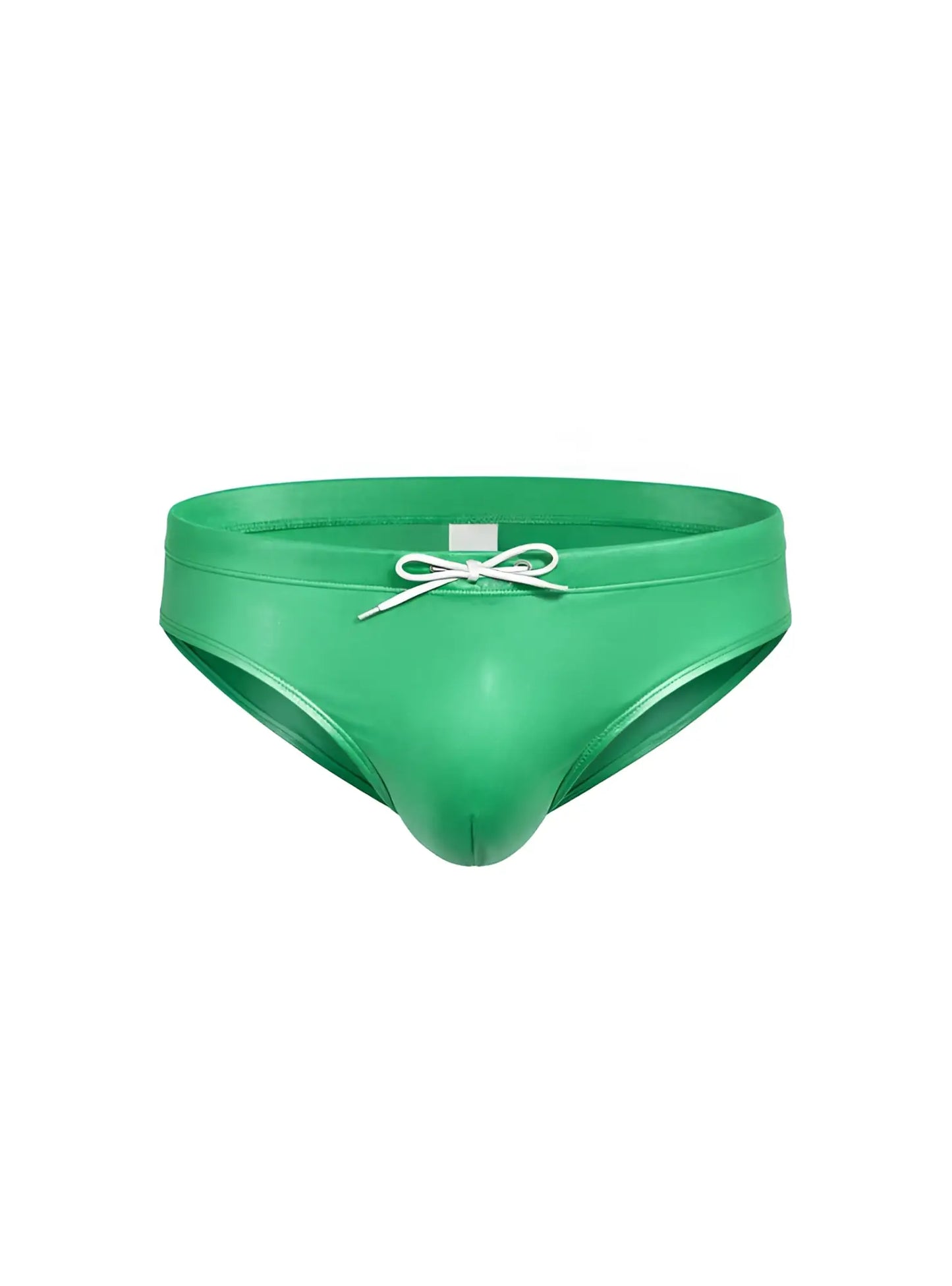 Vibrant green glossy faux leather swim trunks with white drawstring bow in fizx swim bikini with removable push pad