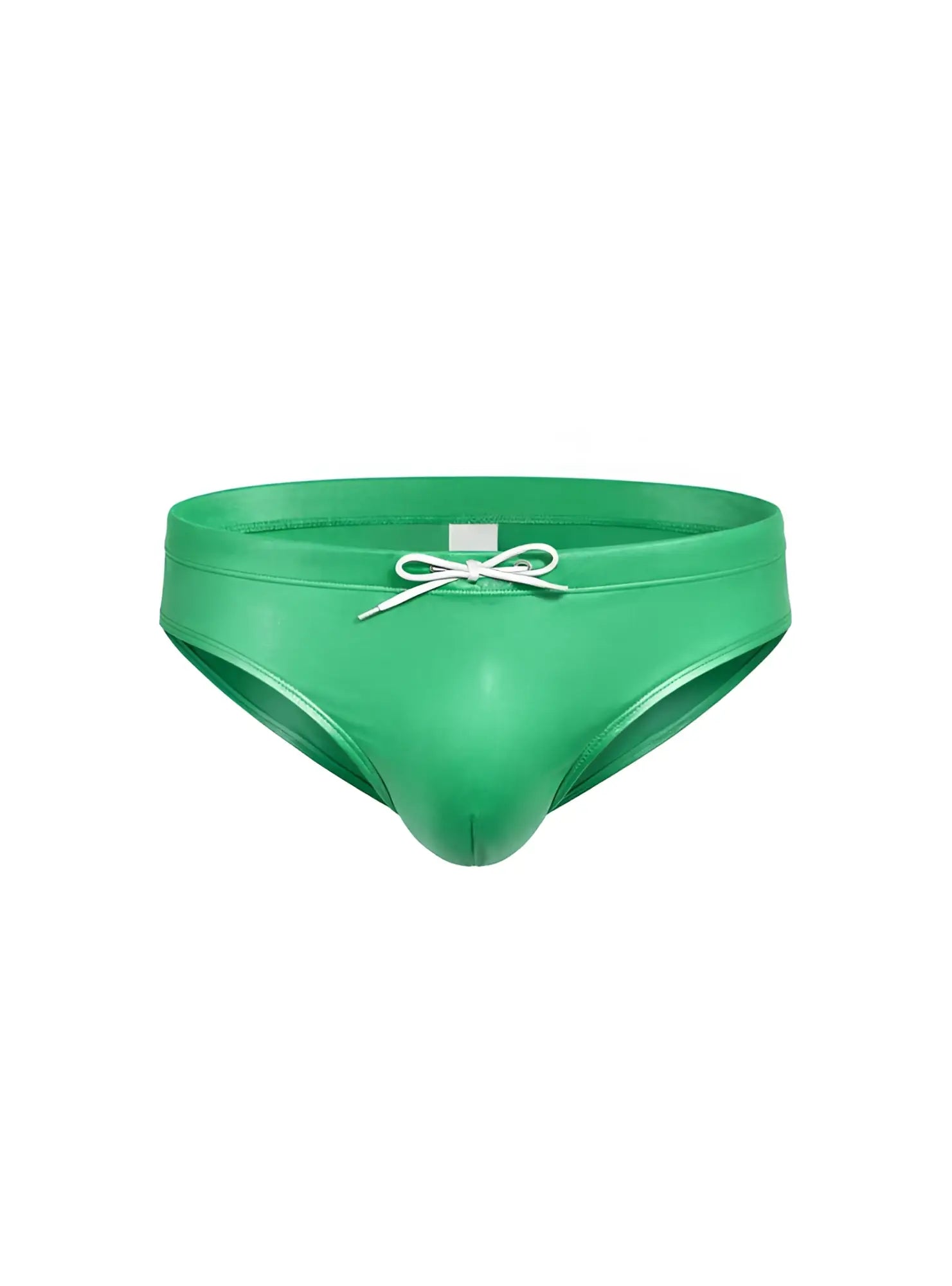 Vibrant green glossy faux leather swim trunks with white drawstring bow in fizx swim bikini with removable push pad