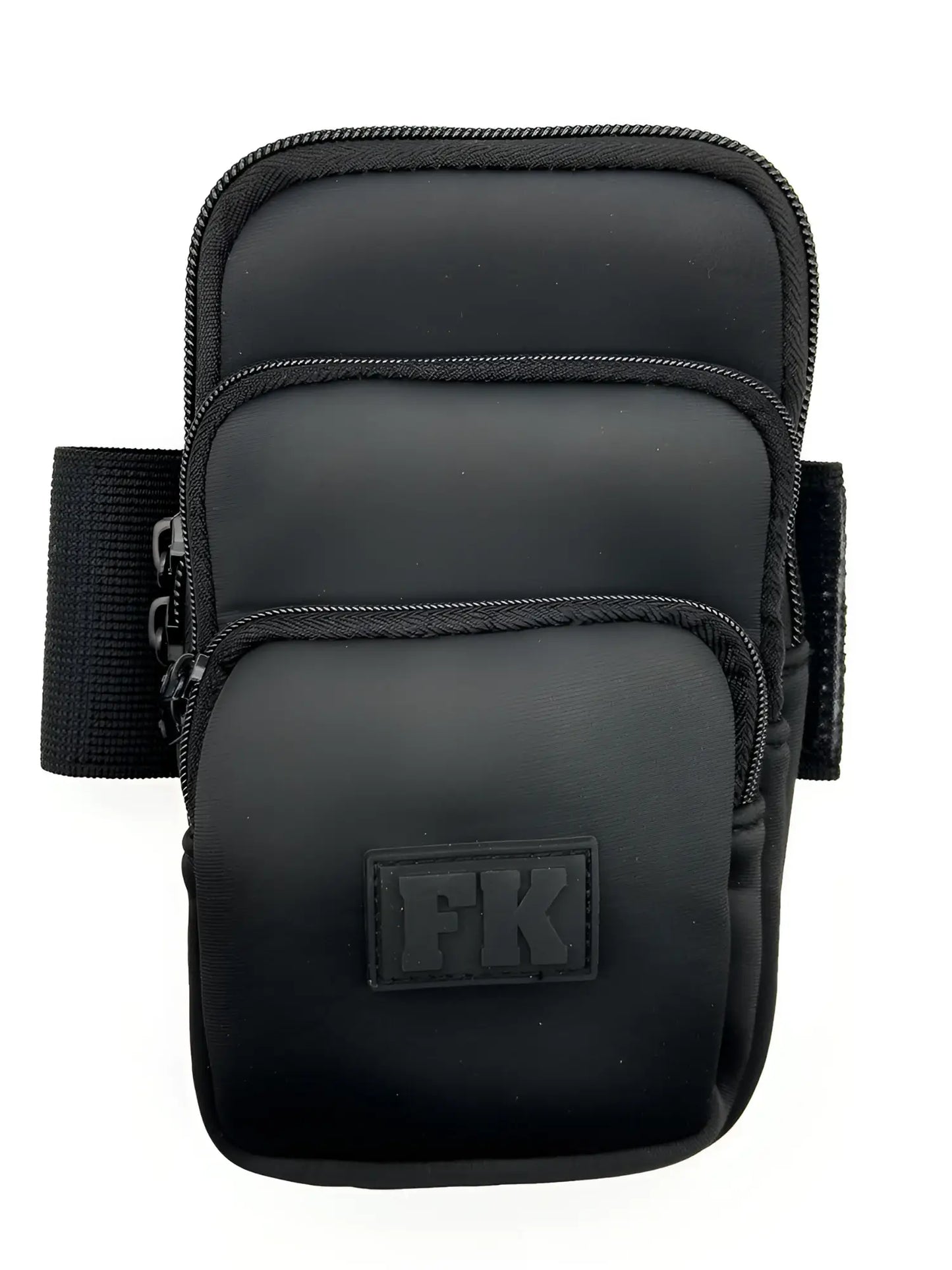 Black fk sport neoprene arm band with three zippered pockets and textured fabric finish for secure storage