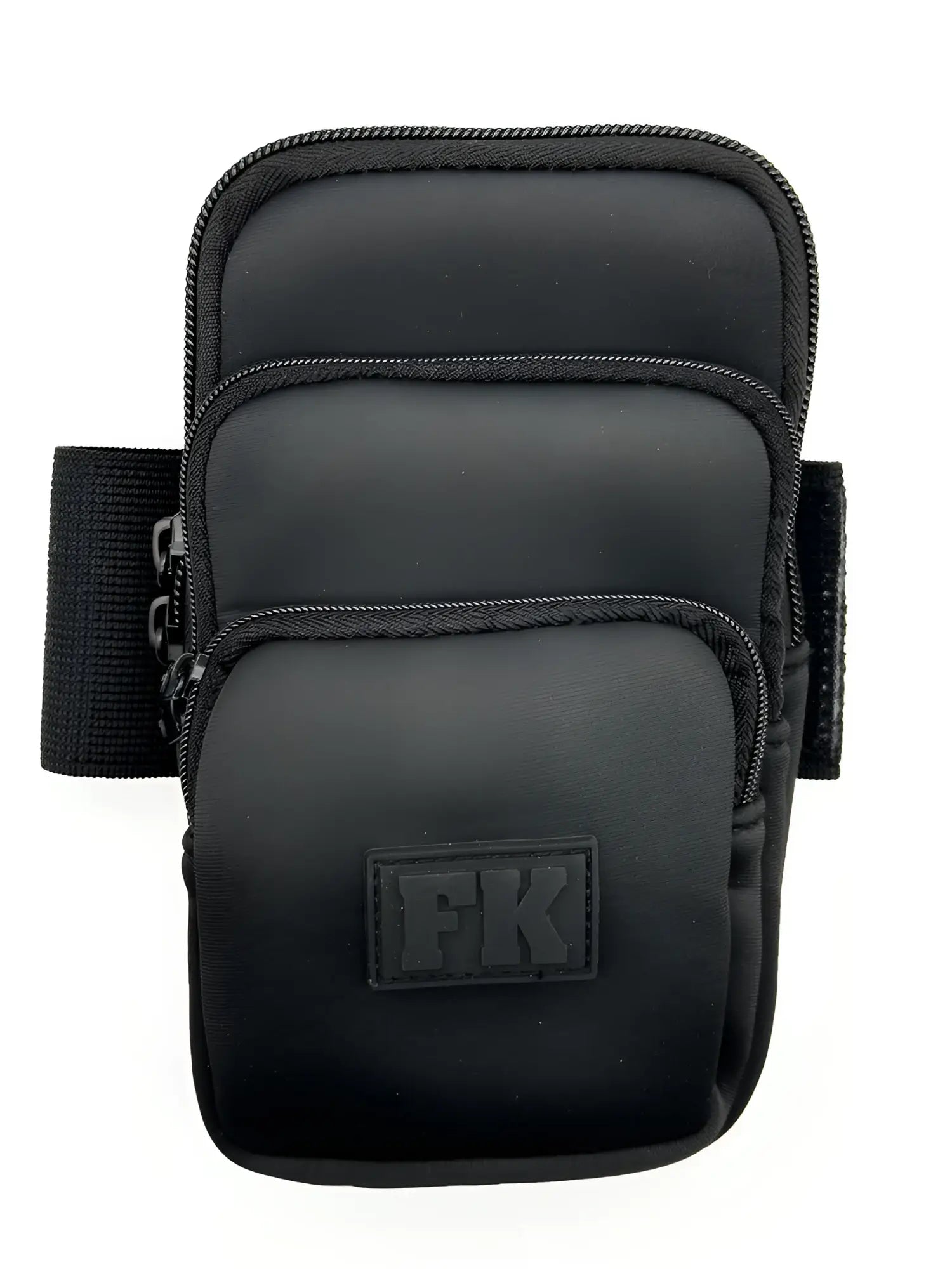 Black fk sport neoprene arm band with three zippered pockets and textured fabric finish for secure storage