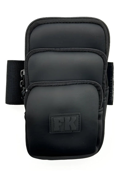 Black fk sport neoprene arm band with three zippered pockets and textured fabric finish for secure storage
