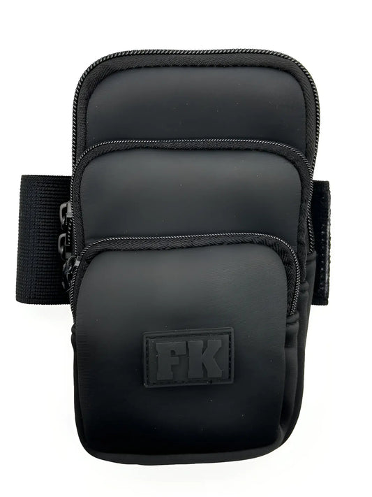Black fk sport neoprene arm band with three zippered pockets and textured fabric finish for secure storage