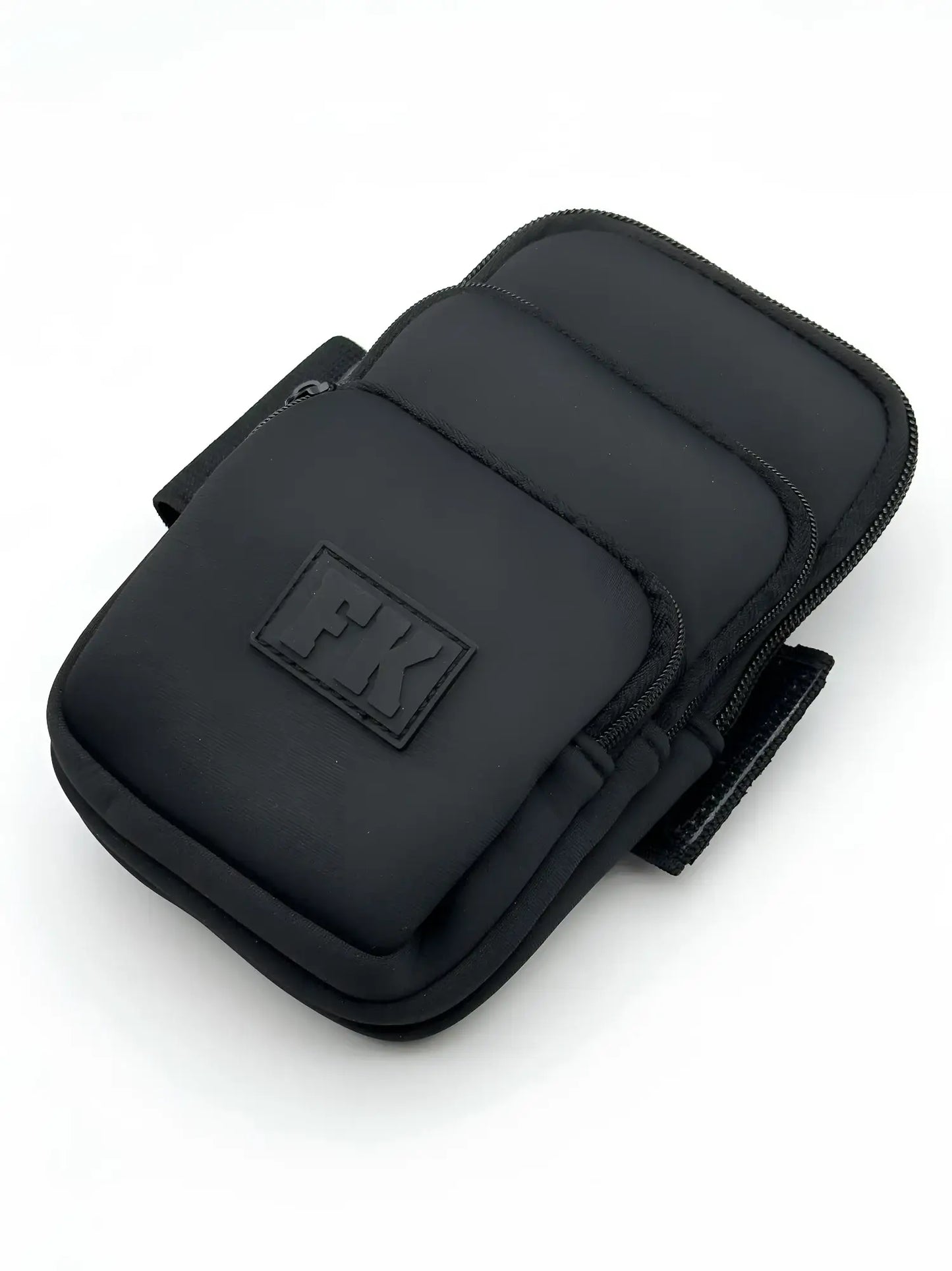 Black fk sport 3 pocket neoprene pouch wristlet with multiple zippered compartments and sleek minimalist design