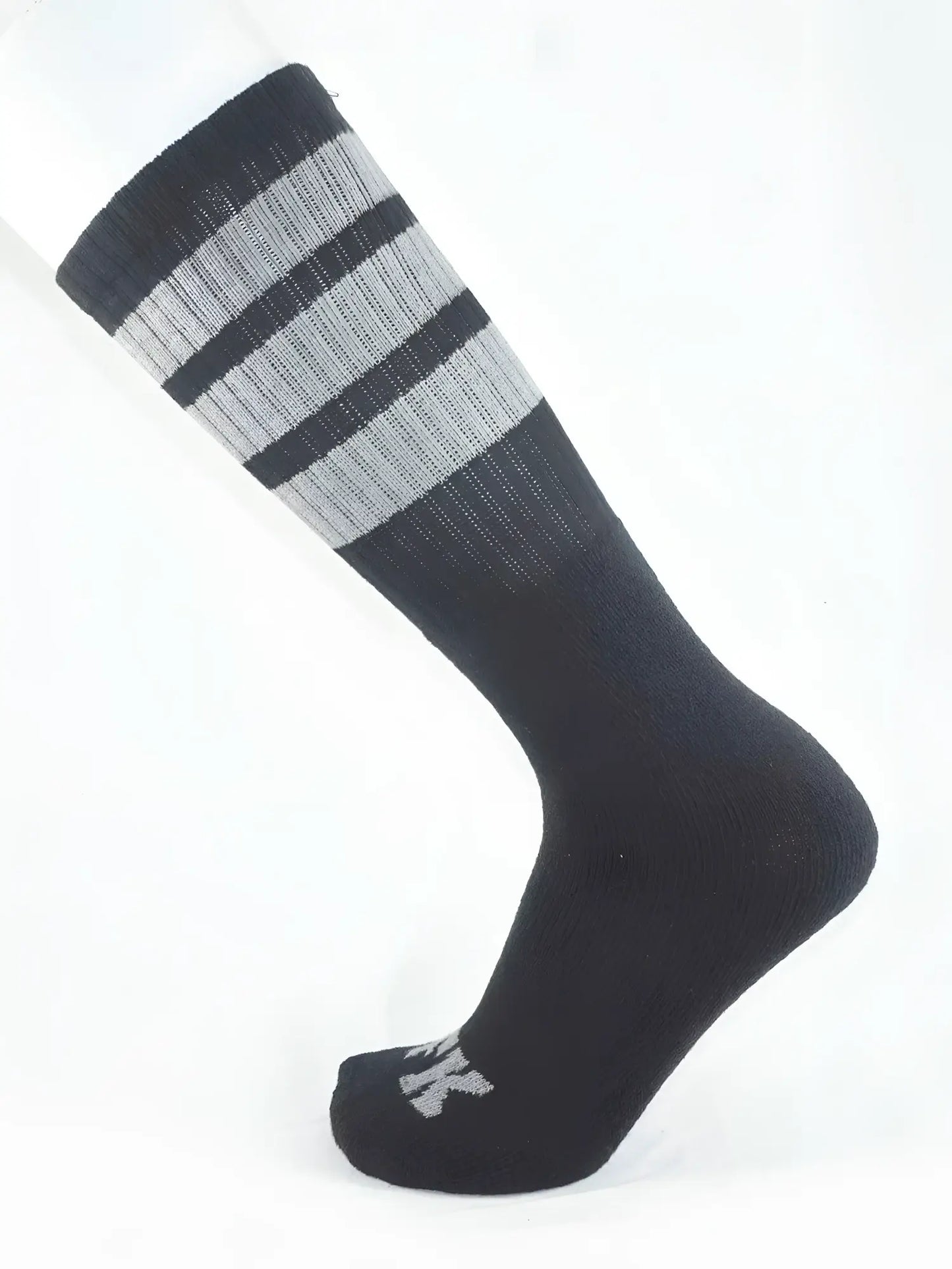 Fk sport black tube sock with ribbed texture and three horizontal stripes on top cuff for athletic use