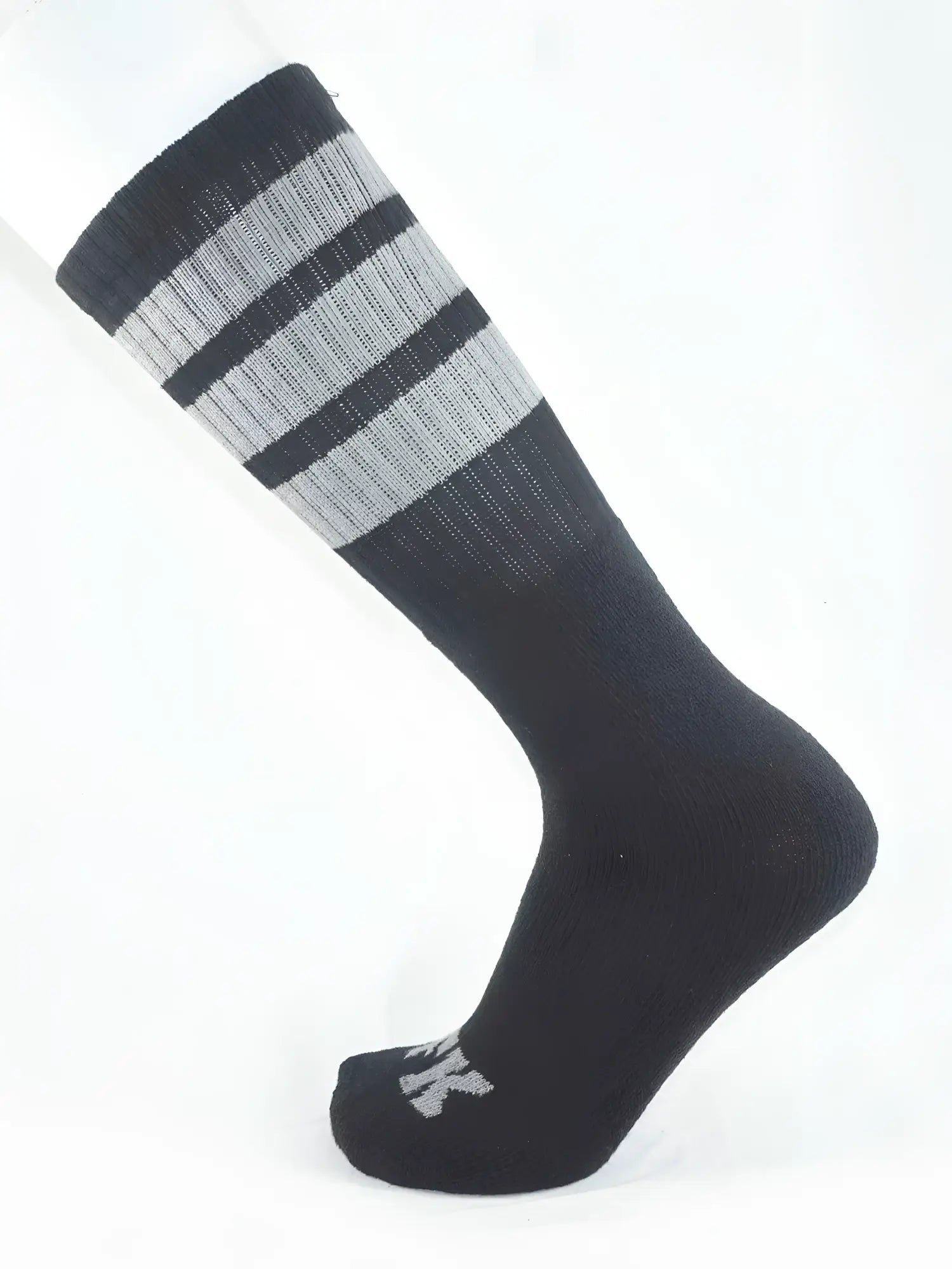 Fk sport black tube sock with ribbed texture and three horizontal stripes on top cuff for athletic use