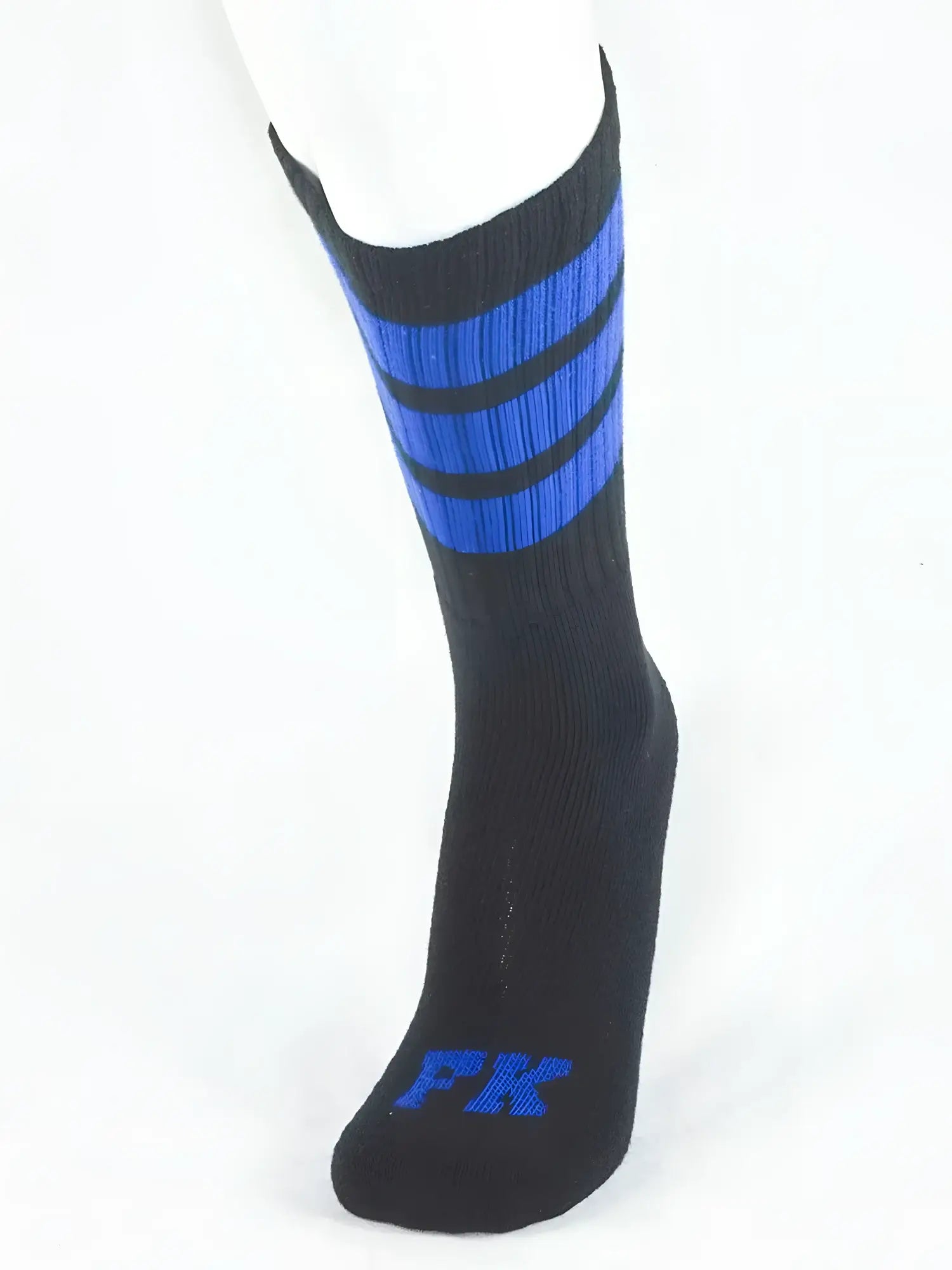 Fk sport black tube sock featuring three bold blue stripes and embroidered pk logo on the toe for athletic use