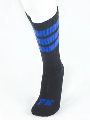 Fk sport black tube sock featuring three bold blue stripes and embroidered pk logo on the toe for athletic use