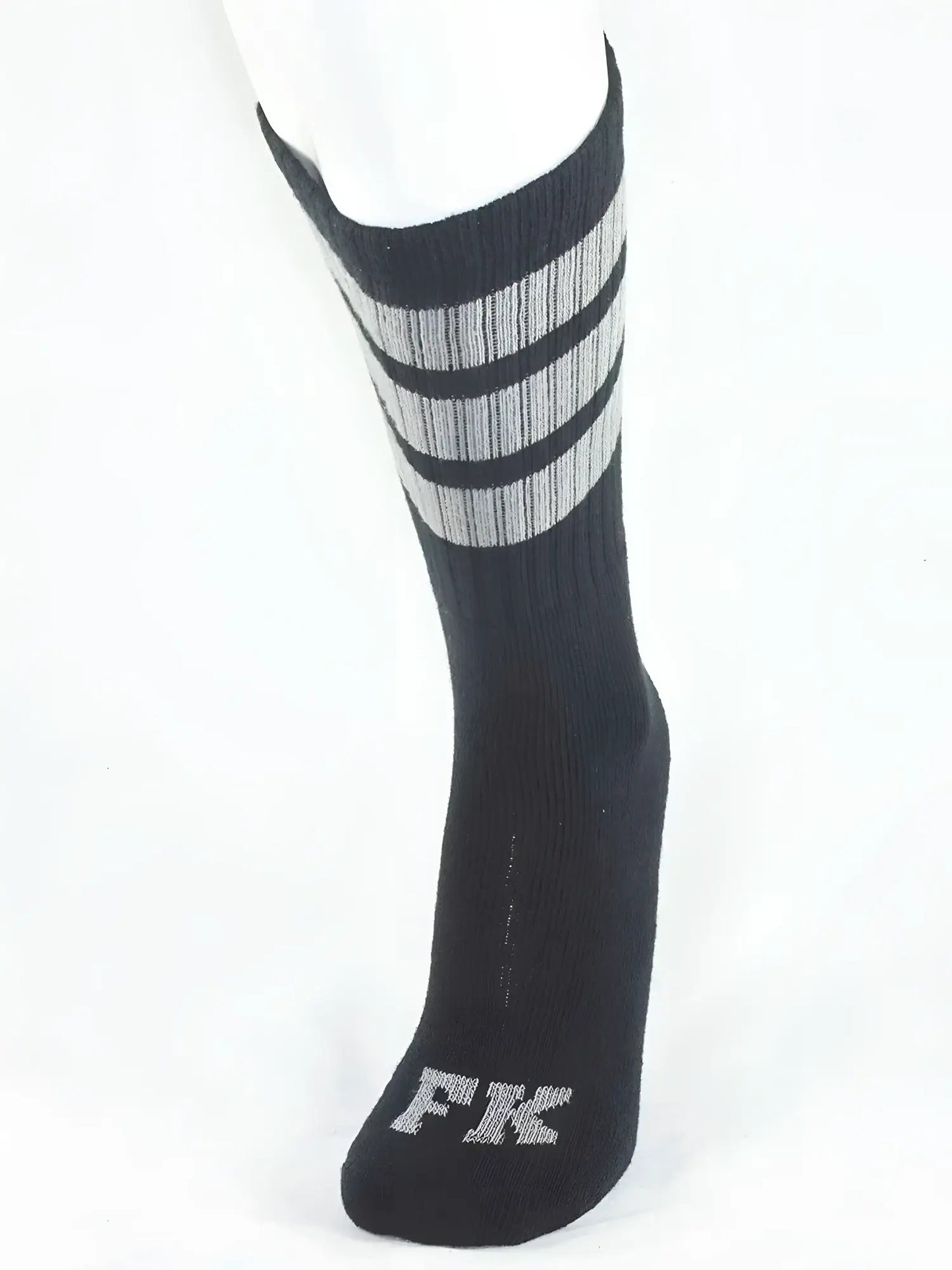 Fk sport black tube sock with three gray stripes and silver fk logo embroidered on the toe for athletic use